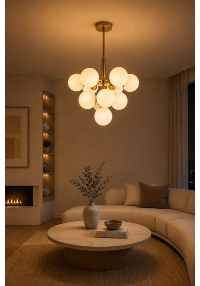 Modern Premium 11'li Gold Opal Küre Avize Modern Sarkıt Avize Salon Yemek Odası Avizesi 11xe14