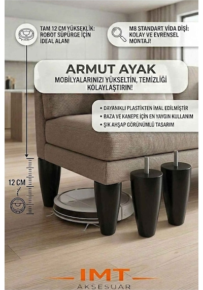İmt Aksesuar Armut Mobilya Ayağı 8 Adet 12 Cm Siyah Robot Süpürgeye Uyumlu Koltuk Kanepe Baza Ayağı Seti Siyah