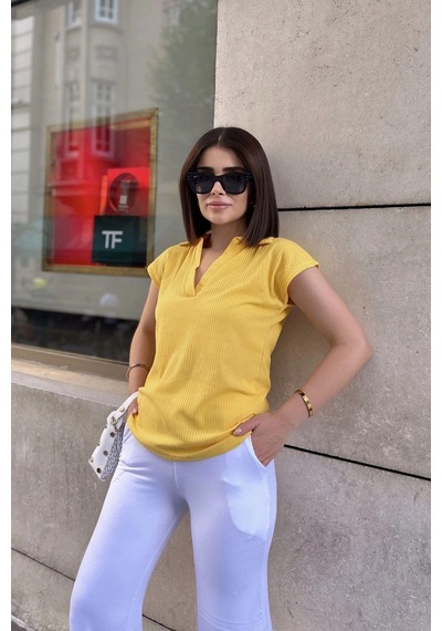 Sarı Polo Yaka, Kısa Kol, Fitilli Kaşkorşe Kumaş, Basic Kalıp/kesim, Spor Ve Günlük Bluz & T-shirt Sari