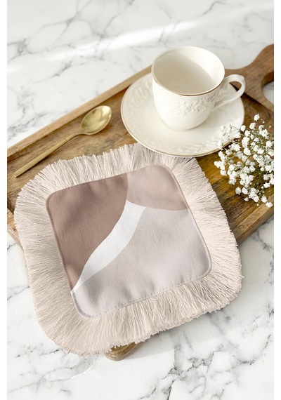 Soft Elegance Saçaklı Sunum Peçetesi - Akışkan Dalga Bohem Bej Krem Desenli Kahve Sunum Mendili Göl Açık Bej