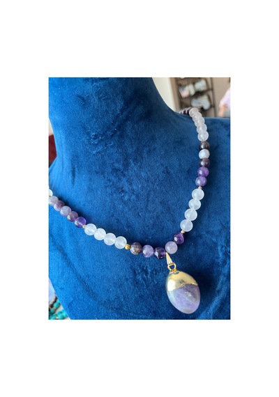55cm Ametist & Pembe Kuvars Doğal Taş Kolye Gold Kaplama Kolye Ucu El Yapımı Tasarım Mor Mor