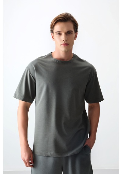 Air Jones Tommy Life Haki Pamuklu Kalın Yumuşak Dokulu Oversize Fit Basic Erkek T-shirt - 88377 Haki