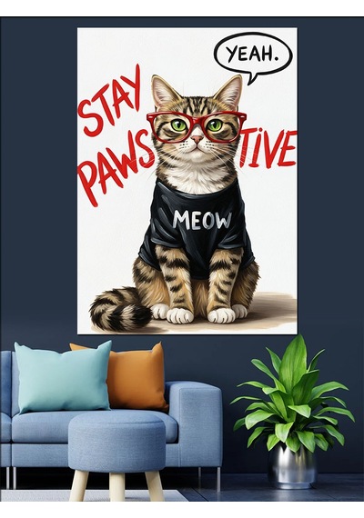 Ahşap Tablo Gözlüklü Kedi Yazılı Poster