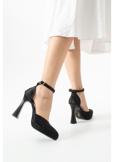 Dabab Shoes Serenya Kadın Siyah Sivri Burun 11 Cm Platform Topuklu Taşlı Bilekten Bantlı Abiye Ayakkabı