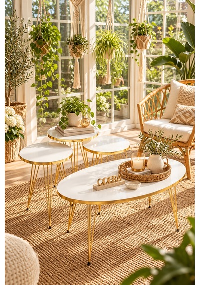 Odera Beyaz Oval Orta Sehpa Ve Yuvarlak Zigon Sehpa 4'lü Set Metal Ayaklı Retro Modern Salon Sehpası Beyaz - Altın