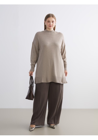 Lcw Modest Bej Dik Yaka Kadın Triko Tunik