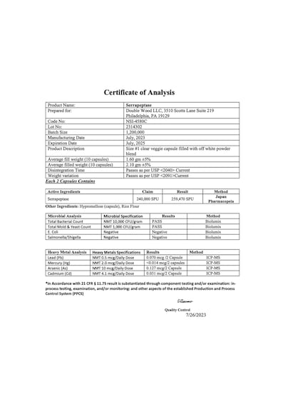 Double Wood Serrapeptase 240,000 Spu Veg 120 Capsul. Tr Tek Y...