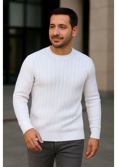 Erkek Fitilli Triko Bisiklet Yaka Kalın Kazak 3'lü Set Beyaz-saks Mavisi-siyah