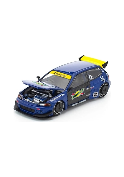 Pop Race 1:64 Honda Civic Eg6 Pandem Blue Sunoco Pr640365 Açılabilir Kaput Diecast Model Araba Mavi