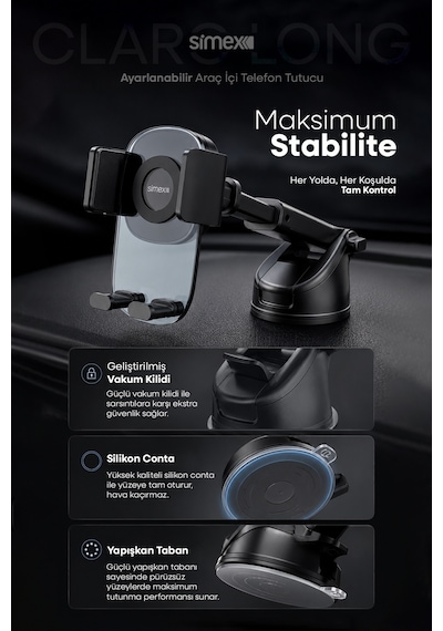 Simex Ultra Stabil Vakumlu Araç İçi Telefon Tutucu 360° Dönebilen Ayarlanabilir Vantuzlu Araba Standlı