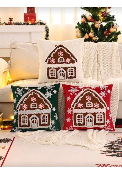 Yeni Yıl Noel Ev Desenli Yeşil Kadife Kırlent Kılıfı