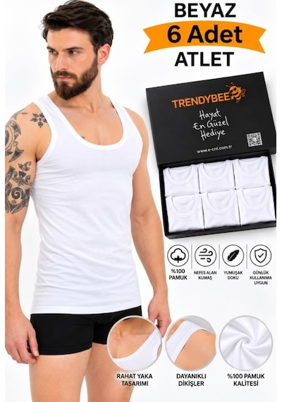 Trendybee Erkek Beyaz Atlet 6'lı Paket Premium Kutusunda %100 Pamuklu Erkek Rahat Yaka Günlük Kullanım