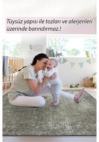 Foldy Eskitme Desenli Dokuma Taban Dekoratif Kül Yeşili Halı Fl 56 Yeşil 2