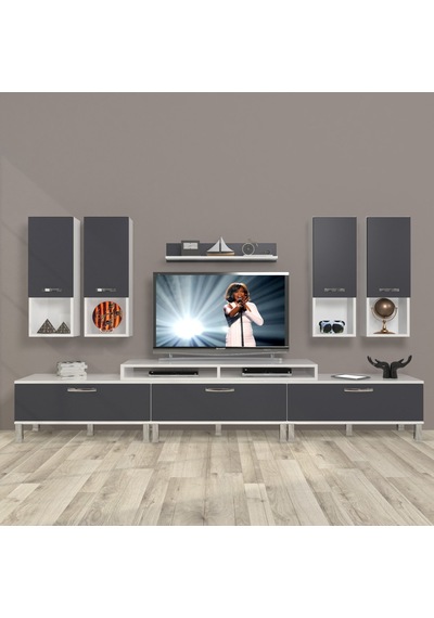 Decoraktiv Ekoflex 8da Mdf Krom Ayaklı Tv Ünitesi Tv Sehpası Beyaz - Antrasit