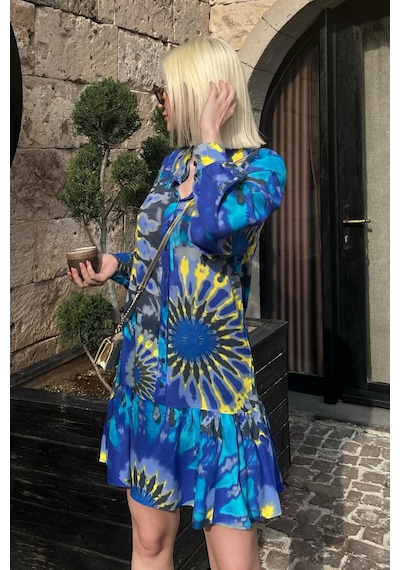 Madmext İndigo Desenli Kısa Kadın Elbise Mg2429 Indigo
