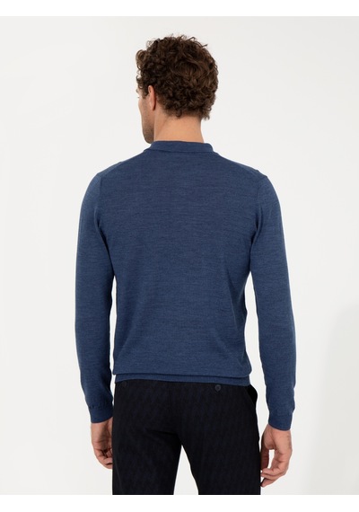 Cacharel İndigo Slim Fit Polo Yaka Basic Triko Kazak Mavi