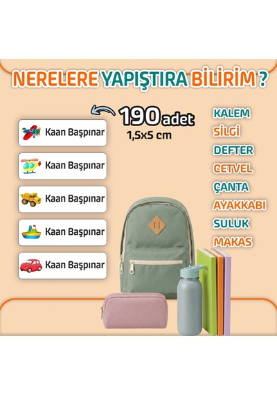 Okul Etiketi Isme Özel Kalem Defter Etiketi Araç Temalı -190 Adet Çok Renkli