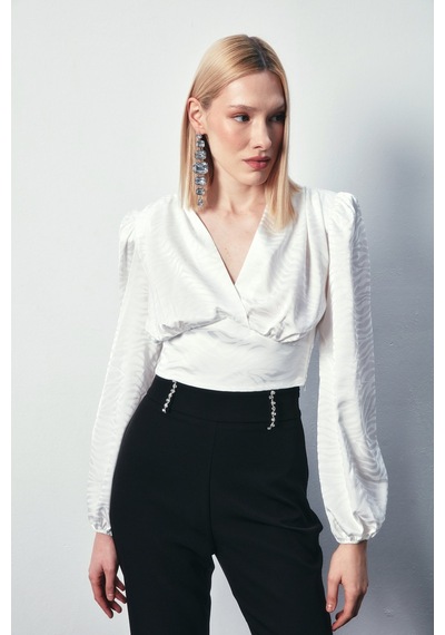 Sateen Desenli Kruvaze Saten Bluz - Ekru-134488 Ekru