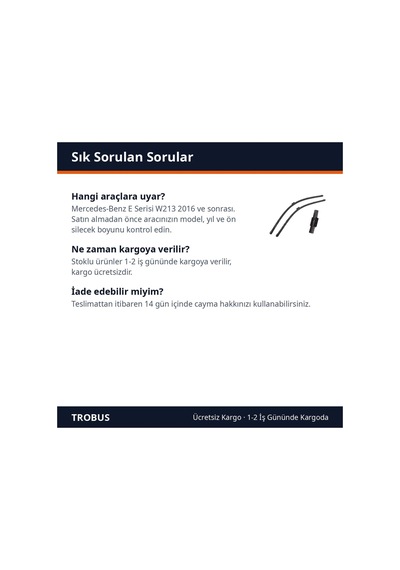 Trobus Mercedes-benz E Serisi W213 2016 Ve Sonrası Uyumlu Ön Silecek Süpürge Takımı