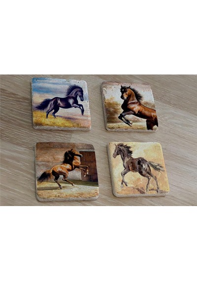 Şaha Kalkmış Atlar Doğal Taş Bardak Altlığı 4'lü Set - Natural Stone Coasters - Taş Çok Renkli