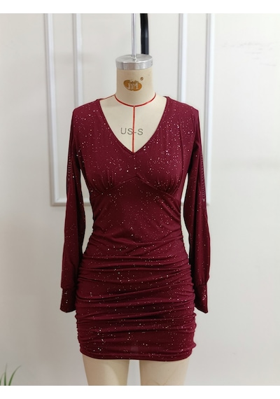 Butik İstanbul Kadın Uzun Kollu V Yakalı Kısa Işıltılı Kısa Sandy Elbise Bordo