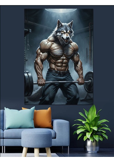 Ahşap Tablo Gym Motivasyonel Kaslı Kurt Figürü