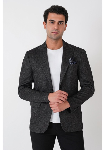 Slim Fit Sivri Yaka Çift Yırtmaçlı Esnek Yünlü Siyah Ceket C 746