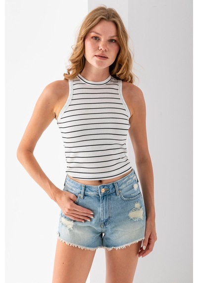 Giysa Kadın Bisiklet Yaka Kolsuz Çizgili Basic Body Siyah - 25507 Siyah