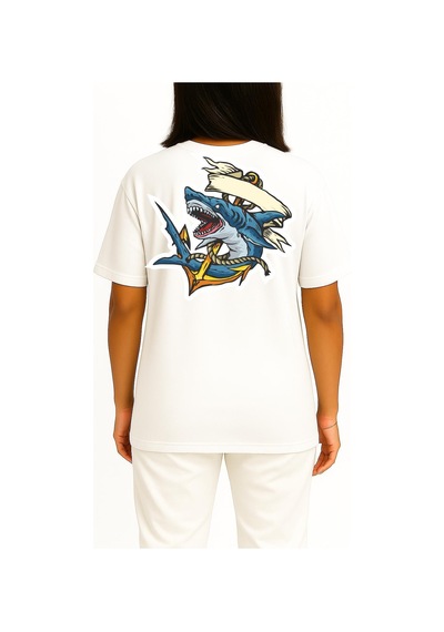 Bahriyeli Collection Oversize Köpekbalığı Ve Çapa Göğüs Ve Sırt Baskılı Unisex T-shirt Beyaz