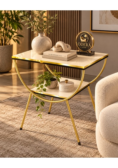 Odera Çift Çift Raflı Yan Sehpa Komodin Metal Ayaklı Retro Modern Sehpa Diğer