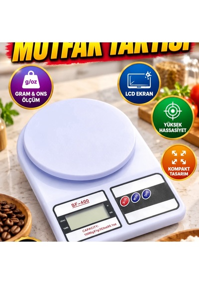 Beyaz Dijital Mutfak Terazisi 10 Kg 1 G Hassasiyet, Lcd Ekran, Gram Ve Ons Ölçümü Renkli