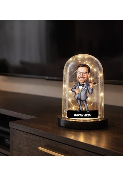 Bk Gift Kişiye Özel Erkek Patron Karikatürlü Led Işıklı Cam Fanus Biblo -1, Mesleki Hediye, Doğum Günü Hediyesi