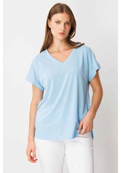 On Kadın Büyük Beden V Yaka Parçalı T-shirt 71476 Açık Mavi