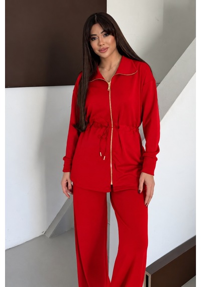 Balenbi Oversize Fermuarlı Beli Bağcıklı Polo Yaka Modal Kadın Takım 1196 - Premium Seri Kırmızı Balenbi Oversize Fermuarlı Beli Bağcıklı Polo Yaka Modal Kadın Takım 1196 - Premium Seri Kırmızı