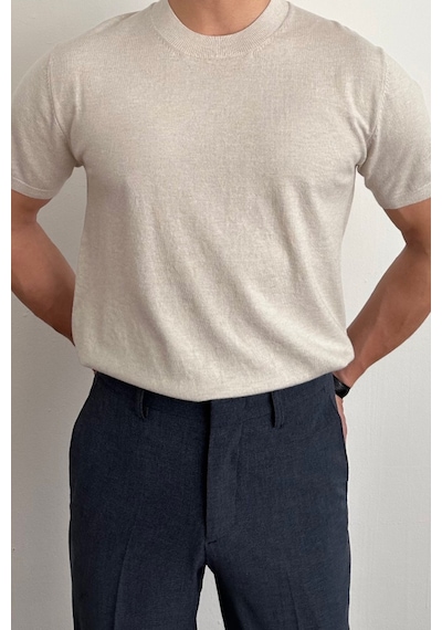 Tarz Cool Erkek Slim Fit Bisiklet Yaka Triko T-shirt Bej