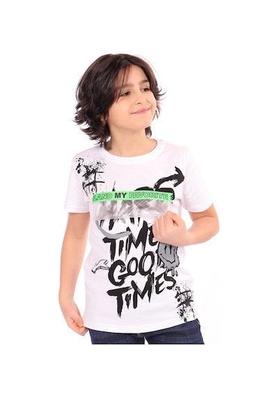 Toontoy Kids Toontoy Erkek Çocuk Önü Süs Cepli Yazı Baskılı Tişört Beyaz