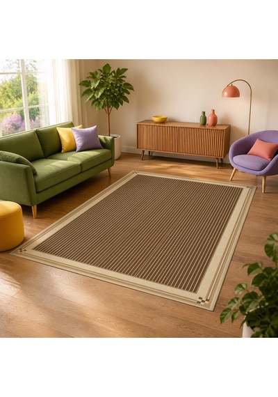 Kartela Halı İnce Çizgili Bordürlü Halı Bej Kaymaz Taban Makinede Yıkanabilir Salon Halısı 60x90 Cm