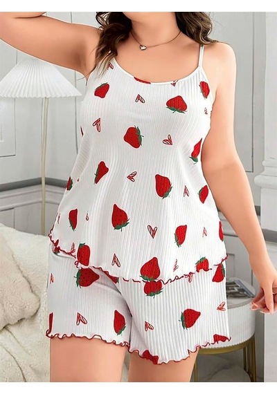 Gizers Giyim Büyük Beden Çilek Desen Pamuklu Şortlu Pijama Takımı Beyaz