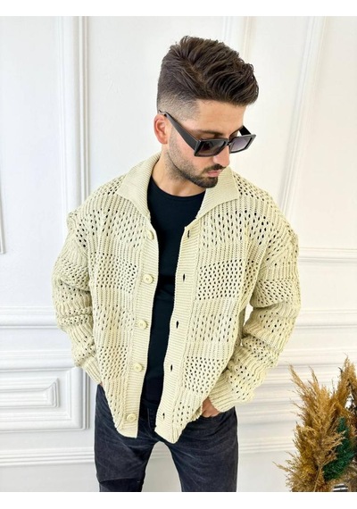 Elku Moda Hırka Oversize Özel Örgülü Triko Desenli Salaş Örgü Hırka Krem