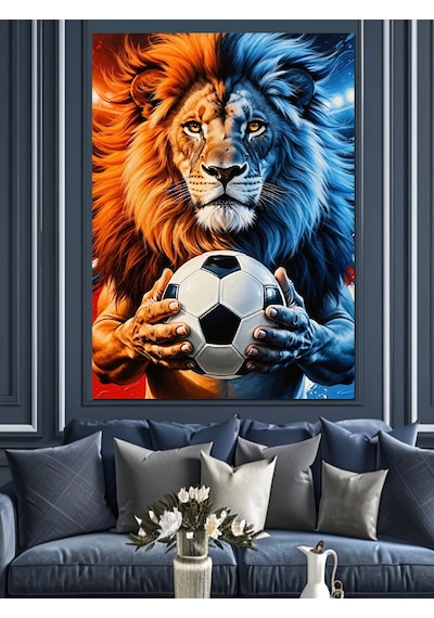 Ahşap Tablo Futbol Topu Tutan Aslan