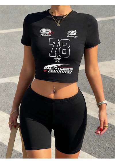 Tarzsokak Seksi Numara 78 Dauntless Jersey Baskı Kırpma T-shirt Şort Kadın İki Adet Set Üstleri Pantolo Siyah