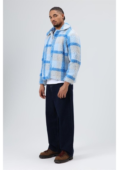 Vamos Oversize Peluş Ekose Ceket Mavi