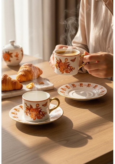 2 Kişilik Double Amber Mustard Bloom Kahve Fincanı-5700 Turuncu