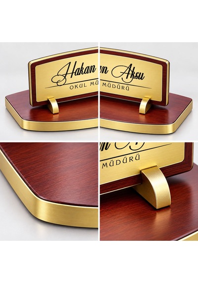 Bk Gift Kişiye Özel Ahşap Masa İsimliği Gold Plakalı Bk27 -6 Çok Renkli