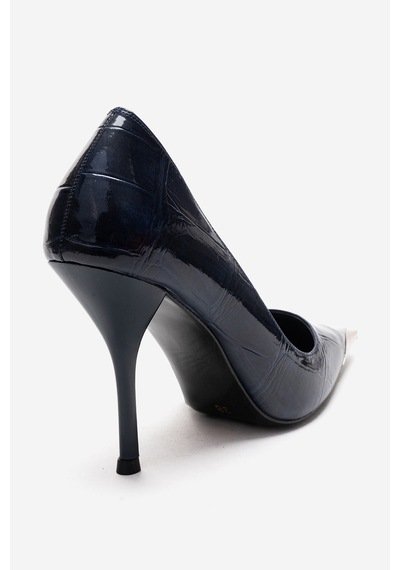 Luvishoes Alvena Lacivert Baskı Önü Metal Detaylı Kadın Topuklu Ayakkabı Lacivert