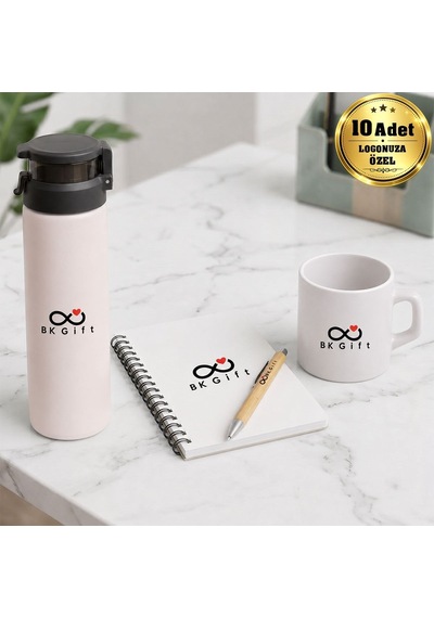 Logonuza Özel 10 Adet Ahşap Kutulu Bej Kurumsal Hediye Seti Cam Suluk, Seramik Fincan, Defter Ve Kalemli Promosyon Seti