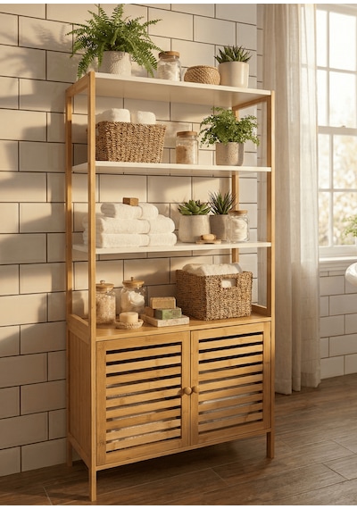 Bambu Çok Amaçlı Raflı Banyo Düzenleyici 2 Kapaklı Dolap Bej