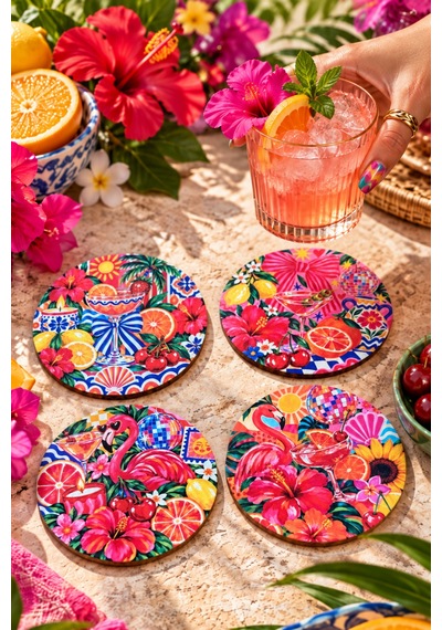 Tropical Flamingo - Tropikal Çiçek Temalı 4 Lü Bardak Altlığı Set 9 Cm, 3 Mm Ahşap Mdf, Dijital Baskı - 933741751 Diğer