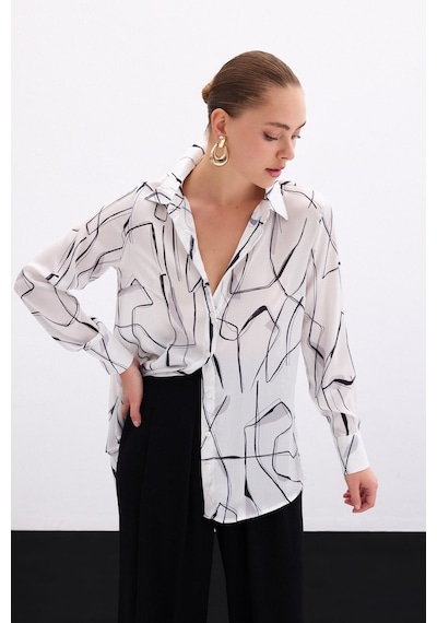 Sateen Yırtmaç Detaylı Gömlek - Ekru-136103 Ekru