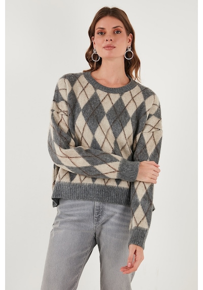 Lela Oversize Fit Bisiklet Yaka Baklava Desenli Yumuşak Dokulu Bayan Kazak 4616223 Gri
